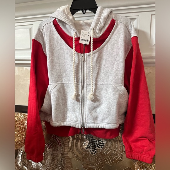 Free People Gray and Red double zip up Hoodie🌺 - Picture 7 of 10